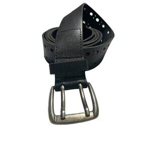 Black Perforated Genuine Leather Belt W/ Silver-Tone Buckle For Men Or Women